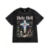 Cross2026 Marca Americana de Nicho de Moda Estilo Gótico de Halloween Camiseta de Algodón con Estampado Lavado Vintage Cuello Redondo Holgada Unisex