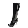 Botas femininas plus size transfronteiriças com zíper lateral, versáteis para outono e inverno, botas de cano alto em verniz, botas estilo Martin femininas de bico redondo com plataforma e salto alto