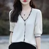 Encaje Cuello en V Combinación de colores Diamante Cuadros Cardigan falso para mujer Media manga Elegante de oficina Manga abullonada Punto de algodón Manga corta