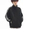 Sudadera abierta de estilo americano con tres rayas, chaqueta de otoño para hombre de alta costura con bloques de color y rayas, elegante y de corte holgado, adecuada para parejas