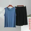 Novo conjunto de verão masculino de modal plus size com shorts de cintura elástica, conjunto casual para casa, conjunto de duas peças solto e oversized