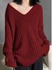 Suéter de lã pura feminino com decote em V, cor sólida, solto, grosso, preguiçoso, manga longa, base, camisa, top