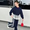 Chegada Nova da Primavera para Meninas Xizang Azul Conjunto de Moletom Gola Redonda Feminino Design de Bainha de Nicho Costura de Renda Top Transfronteiriço