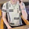 Comercio Exterior Hombres Nuevo Verano Jacquard Cuello Redondo Seda de Hielo Elástico Jersey Camiseta Manga Corta Trendy Adolescente Hombre Top