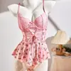 Popular Nuevo Estilo Europeo y Americano Vestido de Una Pieza con Empalme de Lazo Estampado de Malla de Encaje Espalda Descubierta Transparente Conjunto de Lencería Sexy