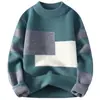 Suéter Masculino Tricô Cor Contrastante Inverno Tendência Marca Base Camada Tendência Solto Preguiçoso Suéter Quente de Inverno Fio