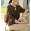 Sudadera Minimalista con Bloques de Color, Manga Larga y Cuello Redondo para Mujer, Otoño 2025, Pulóver Suelto Casual con Decoración de Botones
