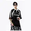 Camiseta de estilo polo a rayas con bloques de color estilo americano para hombre, de verano, con media cremallera, manga corta, fresca para pareja motera, manga corta