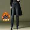 1022 Jeans Reto de Cintura Alta com Botões Duplos para Mulheres de Meia-idade Inverno Roupa Infantil Calça de Sarja Skinny com Pelúcia para Mães de Meia-idade e Idosas