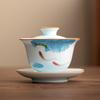 Cuenco de té de cerámica de estilo chino, cuenco de té sencillo de tres piezas para el hogar, cuenco de té grande antiescaldadura estilo pastoral Dehua.