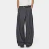 Calça plissada de perna larga estilo retrô americano de alta qualidade com botões, calça casual unissex de perna reta solta para o dia a dia