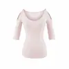 Camiseta de Punto Versátil de Verano con Diseño de Nicho Elegante, Cuello en V Profundo, Ceñida a la Cintura, Hombros Descubiertos, Manga Media para Mujer