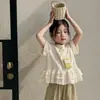 Traje de verano moderno con volantes para niñas, talla mediana y grande, con mangas cortas de encaje, pantalones cropped anchos de pierna estilo coreano, finos.