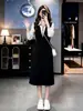 Vestido-camisa de duas peças estilo francês, nova coleção outono/inverno feminino, elegante e que afina a silhueta, vestido de comprimento médio