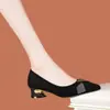 Zapatos de salón negros de punta fina con pedrería para mujer, tacones altos, nuevo modelo de otoño 2026, tacón grueso, zapatos de trabajo cómodos de tacón medio-bajo