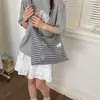 Bolsa de Lona Rayada para Mujer, Gran Capacidad, Bolso de Mano de Dibujos Animados para Estudiantes, Bolso de Hombro de Nicho para el Trabajo
