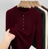 Camiseta de mujer de terciopelo acanalado de 270g, versátil, de manga larga, nuevo modelo primavera/otoño 2025, con botones, estiliza la figura, diseño extremadamente elegante