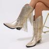 Botas de Cano Médio Transfronteiriças com Franjas de Camada Dupla, Botas Western Cowboy de Salto Grosso para Outono e Inverno, Botas de Equitação Femininas em Estoque