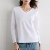 Camiseta Blanca de Algodón Pima tipo Seda con Cuello en V y Mangas Largas para Mujer, Color Sólido de Verano, Corte al Hombro Normal, Top de Capa Base Adelgazante y Ajustado al Cuerpo