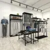 Estante de exhibición para tienda de ropa de hombre tipo piso estante central doble estante de isla perchero doble dorado perchero