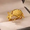 Anillo de Acero Titanio con Estrella de Mar y Caracola de Presión de Aceite para Mujer con Incrustaciones de Circonita Diseño a Juego Joyería de Playa de Verano Venta al por Mayor