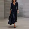 Ropa para Mujer Europea y Americana 2026 Vestido Largo de Punto Patchwork Color Sólido con Cuello en V Cruzado Elegante Azul Marino Ceñido a la Cintura con Dobladillo Ancho