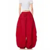 Calça cargo de perna larga casual de cor sólida com design plissado e bolso grande estilo de rua americano para mulheres, calça de paraquedista colorida vibrante solta de verão, moderna