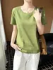 Estilo Novo Primavera e Verão 100% Algodão Penteado Gola U Manga Curta Camiseta Pulôver Feminina, Top Base Fresco e Leve