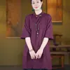 Nuevo top de algodón y lino estilo chino de longitud media con cuello mao y cierre de botones, nueva prenda versátil de verano para mujer, holgada y vintage