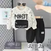 Conjunto de dos piezas nuevo para otoño 2026 para niños pequeños: Sudadera con cuello redondo estampada en inglés y pantalones de trabajo, estilo callejero, ropa casual para niños