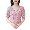 Camisa Feminina de Chiffon Estampada Elegante de Manga Curta Tamanho Grande Estilo Francês Verão 2023 Nova Gola V Redutora de Idade Cobre a Barriga Camisa de Estilista