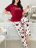 Conjunto Europeu e Americano Transfronteiriço Plus Size Estampa de Borboleta Doce Manga Curta Calça Longa Pijama Puro Desejo Roupa de Dormir de Verão Feminina