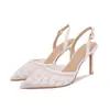 Sapatos de Noiva EK-28 com Tiras de Renda nas Costas para Mulheres, Bico Fino Salto Agulha, Tela e Pérolas Salto Alto para Banquete de Casamento, Atacado de Fábrica