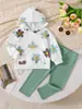 Conjunto de Sudadera con Capucha y Pantalones Largos Verdes con Estampado Floral Fresco para Bebé Niña