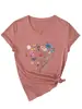Amazon eBay Estação Independente Temperamento Casual Moda Feminina Coração Flor Azul Flor Rosa Gola V Manga Curta Camiseta