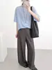 Camisa de Tricô Azul Claro de Linho com Manga Média, Estilo Fino de Verão, Respirável, Levemente Transparente, Simples, Versátil, Solta, Estilo Preguiçoso, Manga Curta