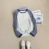 Camiseta raglan listrada patchwork estilo coreano em Lyocell Tencel, leve, proteção solar, adequada para o outono, top versátil e moderno