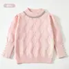 Suéter estiloso para meninas, cor lisa, camada base, trança de losango com cabos e strass, gola semi-alta, para crianças de meia-idade e mais velhas, malha com mangas bufantes