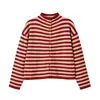 Coleção de outono feminina transfronteiriça: Estilo europeu e americano, design moderno, cardigã de tricô listrado com gola alta, 9598151