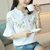 2025 Nova Camisa Pulôver de Algodão Feminina Verão Novo Top Decote V Camisa Bordada de Manga Curta Camiseta de Meia-manga Largura
