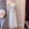 Vestido Largo Estilo Francés con Súper Bonito Elegante, Vestido Blanco de Encaje con Cuentas para Mujer, Nuevo Estilo de Primavera y Verano