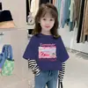 G2348# Camiseta de Algodão Infantil de Manga Longa Camiseta Básica Infantil Grande Primavera e Outono Camiseta Jaqueta Casual Estilo Ocidental para Mulheres