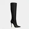 Botas de Moda Europeas y Americanas Transfronterizas Punta Larga Puntiaguda Costuras de Cuero Tacón de Aguja Cierre Trasero Botas Largas para Mujer Talla Grande Mujer Boo