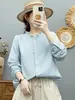 Camisa artística estilo francês de manga longa para mulheres com carcela de renda e botões coloridos, macia e amiga da pele, feita de gaze de algodão de camada dupla 100% algodão