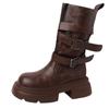 Botas de Couro Retro Versáteis de Salto Alto Botas com Solado Grosso Texturizado para Mulheres Outono e Inverno Estilo Britânico Botas de Moda de Salto Grosso Pequeno