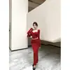 Cardigan de Manga Longa Estilo Sexy Desejo Puro Camisola Colete Conjunto Elegante de Três Peças Outono Início Feminino Saia Maxi Cauda de Peixe