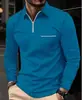 Camisa Polo de Color Sólido de Manga Larga para Hombre Primavera y Otoño Nueva con Bolsillo de Solapa Estampado 3D Pantalones con Cremallera Top Casual para Hombre