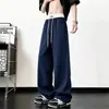 Calça de moletom esportiva masculina estilo americano azul escuro cleanfit bordada casual perna reta calça de treino micro flare
