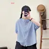 Camisa Casual de Manga Corta con Cuello Redondo, Cuadros Artísticos Minimalistas Estilo Japonés para Mujer, Camisa Casual de Cuadros Pequeños con Cuello de Encaje