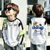 Camiseta de manga comprida com blocos de cor e retalhos para meninos, estilo primavera e outono, coleção de outono infantil, para meninos mais velhos, camiseta com manga raglan, blusa de modelagem solta